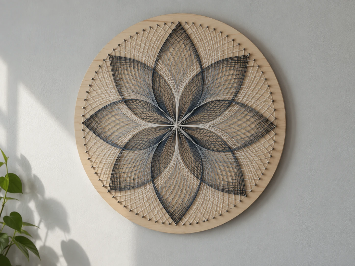 A finished geometric string art flower on a round birch board hanging on a light wall